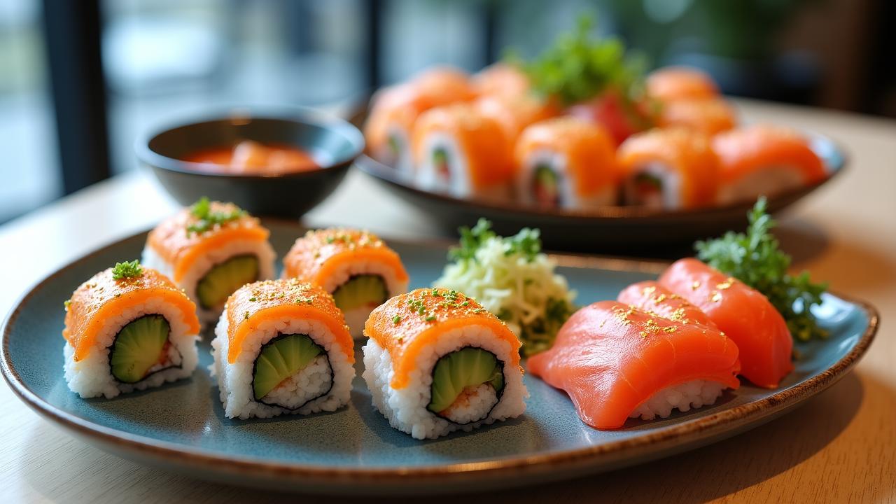 贅沢に並べられたクリエイティブな寿司のケータリング・プラター