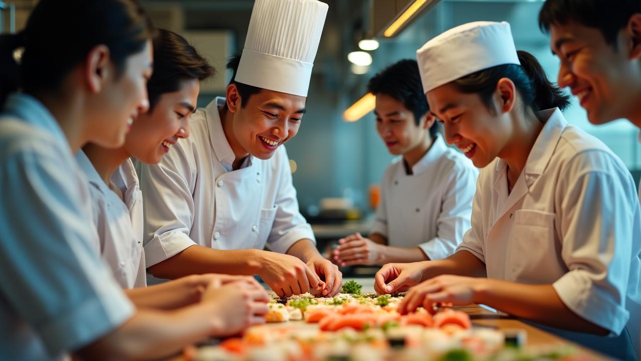 晴海の寿司教室で笑顔で寿司を握る参加者とシェフ